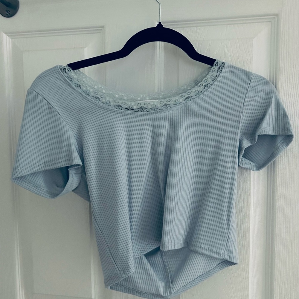 Sky Blue Women's Blouse with Lace Detail